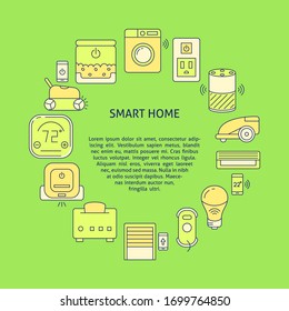 Smart home round banner template in colored line style. Poster with automated things symbols and place for text. Vector illustration.