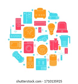 Smart home round concept poster template in flat style. Banner with automated things symbols. Vector illustration.
