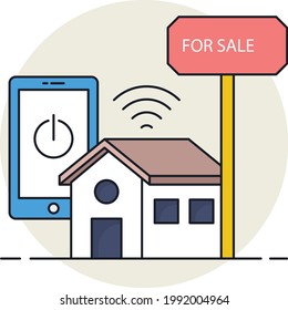 Smart home for Sale Concept, Classified Ads Vector Icon Design, urban and suburban house Symbol, Real Estate and Property Sign, Apartment and Mortgage Stock illustration, To Let Sign with Mobile phone