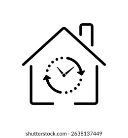 Smart Home Schedule Icon. Editable Stroke. Clock and Arrows Inside House Outline. Concept of Time Management, Automation, Daily Routine Control. Vector Line Illustration for Home Technology Interfaces