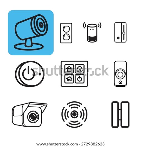 Smart home security and automation icons set camera, speaker, switch.