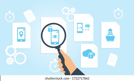 Smart home, security camera, phone file, document research vector illustration. Document with search icons. File and magnifying glass. Analytics research sign. Vector Illustration