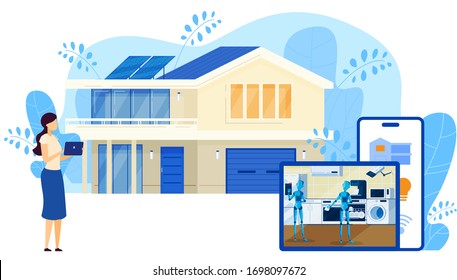 Smart home security connected and control technology system, devices through internet network, digital electronic cartoon vector illustration. Smart home building, robots control via internet.