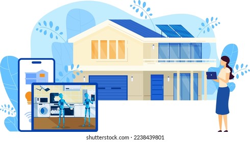 Smart home security connected and control technology system, devices through internet network, cartoon vector illustration.