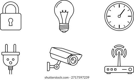 smart home and security line icon set featuring padlock lightbulb clock power plug surveillance camera and wifi router symbols