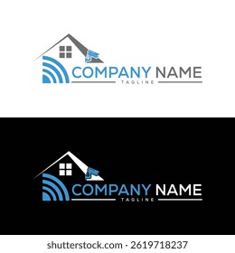 Design de logotipo de segurança residencial inteligente com câmera de vigilância e sinal wireless para CCTV, empresa de monitoramento ou serviço de alarme