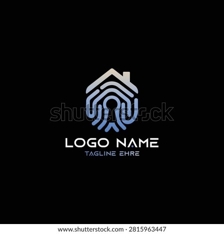 Smart Home Security Logo Design, House Fingerprint and Keyhole Symbol for Biometric Access and Property Protection Brand
