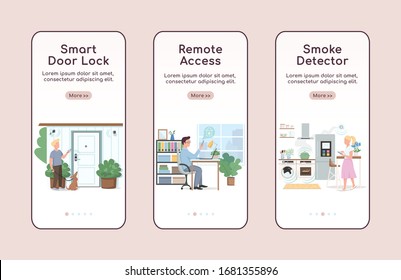 Smart home security onboarding mobile app screen flat vector template. Remote access and automation walkthrough website steps with characters. UX, UI, GUI smartphone cartoon interface, case prints set