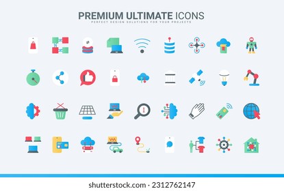 Seguridad doméstica inteligente, pago y compras, automatización de drones y robots, transferencia de datos. Tecnología digital, comunicación en red y equipo iconos planos de moda conjunto ilustración vectorial