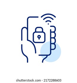 Seguridad residencial inteligente y control de bloqueo remoto mediante aplicación para smartphone. Icono de línea de dibujo de píxeles perfecto, modificable