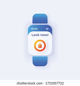 Smart home security smartwatch interface vector template. Internet of things mobile app notification day mode design. Lock now screen. Flat UI for application. Padlock on smart watch display