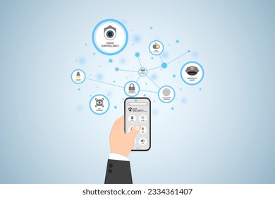 Smart home security system, Home automation with application on smartphone for security camera, Electric appliance or Device control, Infographic program for monitoring or management in the buildings.