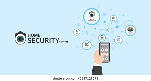 Smart home security system, Home automation with application on smartphone, Infographic for security network, Electric appliance or Device control, Surveillance system for management in the buildings.