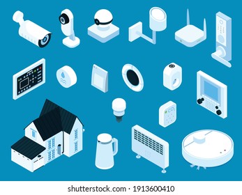 Smart home security system heating cleaning kitchen appliances lighting doorbell master panel isometric set isolated vector illustration 