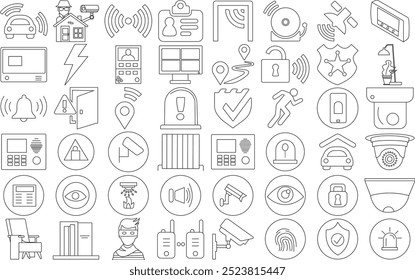 Symbolsatz für Smart-Home-Sicherheitssysteme. Bearbeitbarer Kunststrich mit dünner Linie.