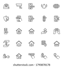 Smart home security system line icons set. linear style symbols collection, outline signs pack. vector graphics. Set includes icons as cctv camera, smart door security password, wireless lock and key