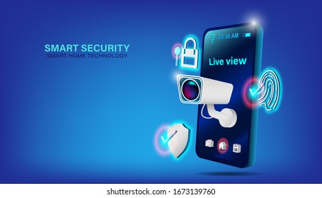 Smart home security technology concept. Isometric smartphone and house with iot wireless icons electronics on blue background. Vector illustration in 3d style.
