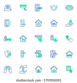 Intelligente Vektorsymbole für das Zuhause, moderne Solid-Bicolor-Symbolsammlung, gefülltes Piktogramm-Paket im Stil. Zeichen, Logo-Illustration. Set enthält Symbole als cctv-Kamera, Passwort für die Sicherheit von Smartphones
