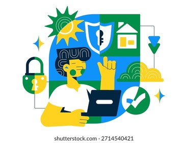 Ilustración vectorial inteligente de seguridad para el hogar con domótica controlada a través de un teléfono inteligente a través de un fondo de sistema Electrónica integrado