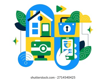 Ilustración vectorial inteligente de seguridad para el hogar con domótica controlada a través de un teléfono inteligente a través de un fondo de sistema Electrónica integrado