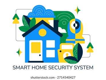 Ilustración vectorial inteligente de seguridad para el hogar con domótica controlada a través de un teléfono inteligente a través de un fondo de sistema Electrónica integrado