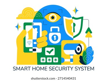 Ilustración vectorial inteligente de seguridad para el hogar con domótica controlada a través de un teléfono inteligente a través de un fondo de sistema Electrónica integrado