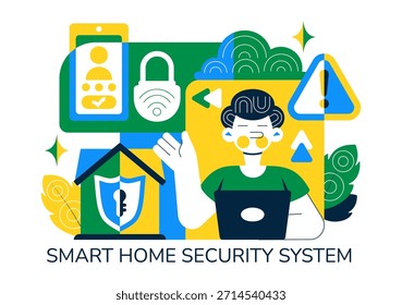 Ilustración vectorial inteligente de seguridad para el hogar con domótica controlada a través de un teléfono inteligente a través de un fondo de sistema Electrónica integrado