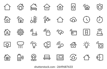 Conjunto de ícones de linha de início inteligente e sensores. Para design de marketing do site, logotipo, aplicativo, modelo, iu, etc. Ilustração vetorial.