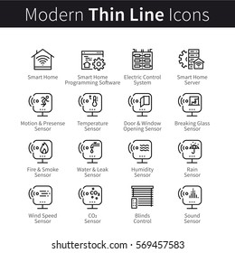 Smart home sensors set. Devices for motion, temperature, humidity, fire and smoke wireless remote electronic control. Thin line art icons. Linear style illustrations isolated on white.