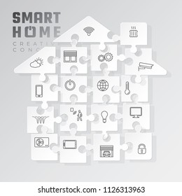 Smart Home Separated Pieces Jigsaw Puzzle Creative Concept with Most Useful Icons for Home Automation and Internet of Things - House and Logo on Grey Background - Vector Mixed Graphic Design
