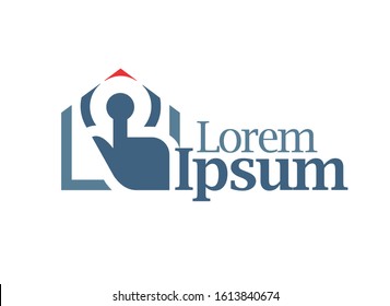 Smart home service or application logo concept. Simple and elegant logotype. Clicking hand and house 
contour. Brand name place. Editable EPS vector