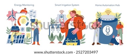 Smart Home set. Features energy monitoring, smart irrigation system, and home automation hub. People interacting with advanced technology for efficient living. Vector illustration.