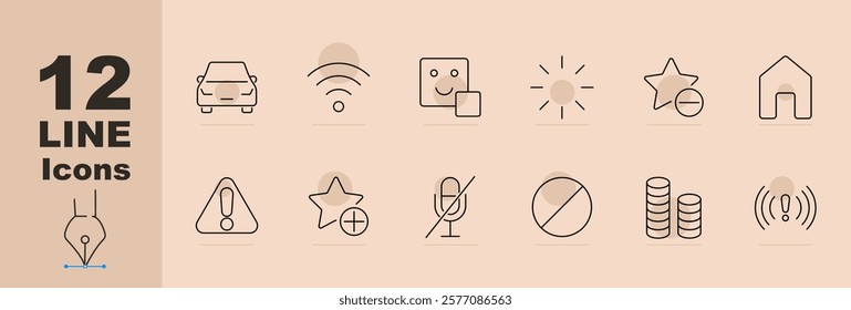 Smart home set icon Car, wifi, face recognition, sunlight, star remove, house, alert, star add, muted mic, prohibition, coins, signal alert. Smart home, automation, security