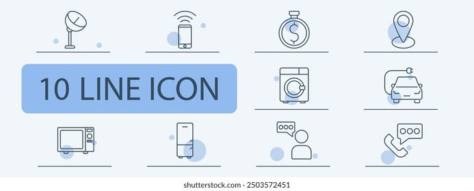 Icono de conjunto de casa inteligente. Satélite, smartphone, finanzas, ubicación, lavadora, coche eléctrico, microondas, refrigerador, comunicación, GPS, dispositivo, tecnología, domótica, comodidad.