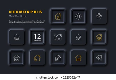 Smart home set icon. Wi-Fi, location, address, parking, garage, rental housing, size, living area, percentage, discount, protection, environmental friendliness, real estate, key, euro repair