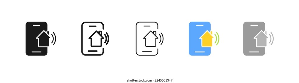 Smart home set icon. Wi-Fi, location, address, garage, rental housing, size, living area, percentage, protection, environmental friendliness. Vector five icon in different style on white background
