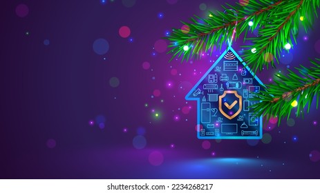 Smart home en forma de navidad decoración de árbol con iconos dispositivos electrónicos inteligentes domésticos. Venta en línea de IOT y Smart Home system en navidad y año nuevo. Seguridad del hogar en vacaciones. 