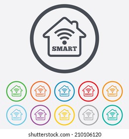Smart home sign icon. Smart house button. Remote control. Round circle buttons with frame. Vector