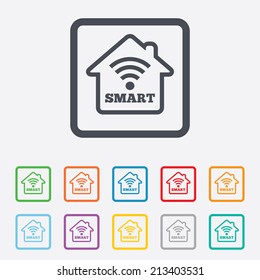 Smart home sign icon. Smart house button. Remote control. Round squares buttons with frame. Vector
