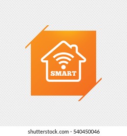 Smart home sign icon. Smart house button. Remote control. Orange square label on pattern. Vector