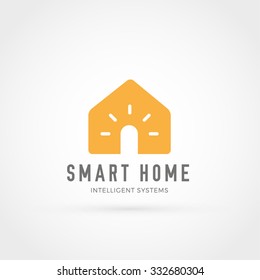 Smart home sign icon with lighting bulb stylized entrance, smart home vector logo on white background