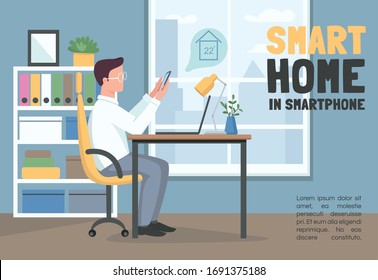 Hogar inteligente en una plantilla de vectores planos de banner para smartphones. Internet de cosas folleto, diseño de póster con personajes de caricatura. Volante horizontal de control remoto del climatizador, folleto con lugar para texto