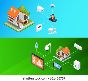 Smart home smartphone remote controlled electronic household appliances 2 outdoor horizontal isometric banners set background vector illustration 