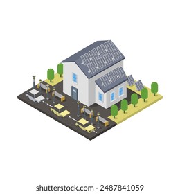Smart home with solar cell isometric illustrated in vector