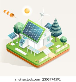 Smart home with solar panels. Isometric vector illustration