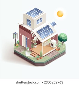 Smart home with solar panels. Isometric vector illustration