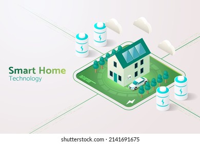 Smart Home With Solar Panels On The Roof Electric Energy Storage
And Electric Vehicle Charging Boxes. Isometric Vector Illustration.