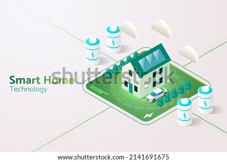 Smart home with solar panels on the roof electric energy storage
and electric vehicle charging boxes. isometric vector illustration.
