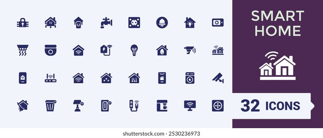 Conjunto de iconos sólidos Smart Home. Incluye automatización, seguridad, iluminación, termostato y conectividad. Colección de iconos vectoriales rellenos. Editable y píxel perfecto.