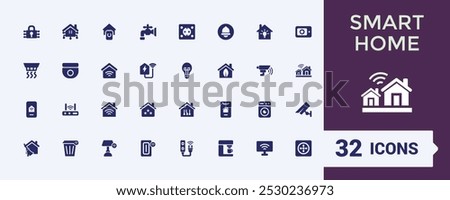 Smart Home solid Icon Set. Including automation, security, lighting, thermostat, and connectivity. Filled vector icons collection. Editable and pixel perfect.